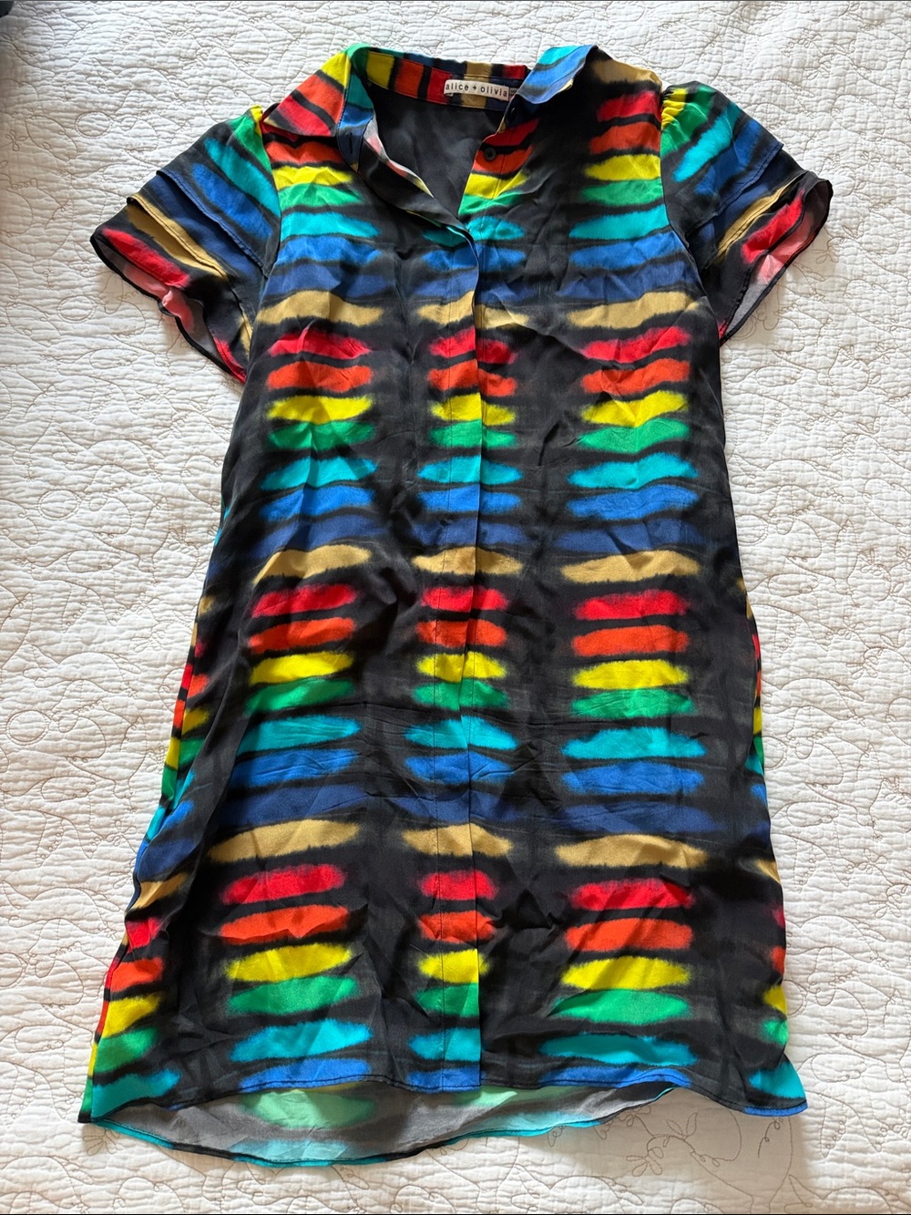 Alice + Olivia Black Mini Dress with Red, Yellow, Green & Blue Stripes